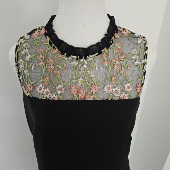 Karl Lagerfeld Paris Embroidered Floral Neckline Black Dress - Picture 5 of 10